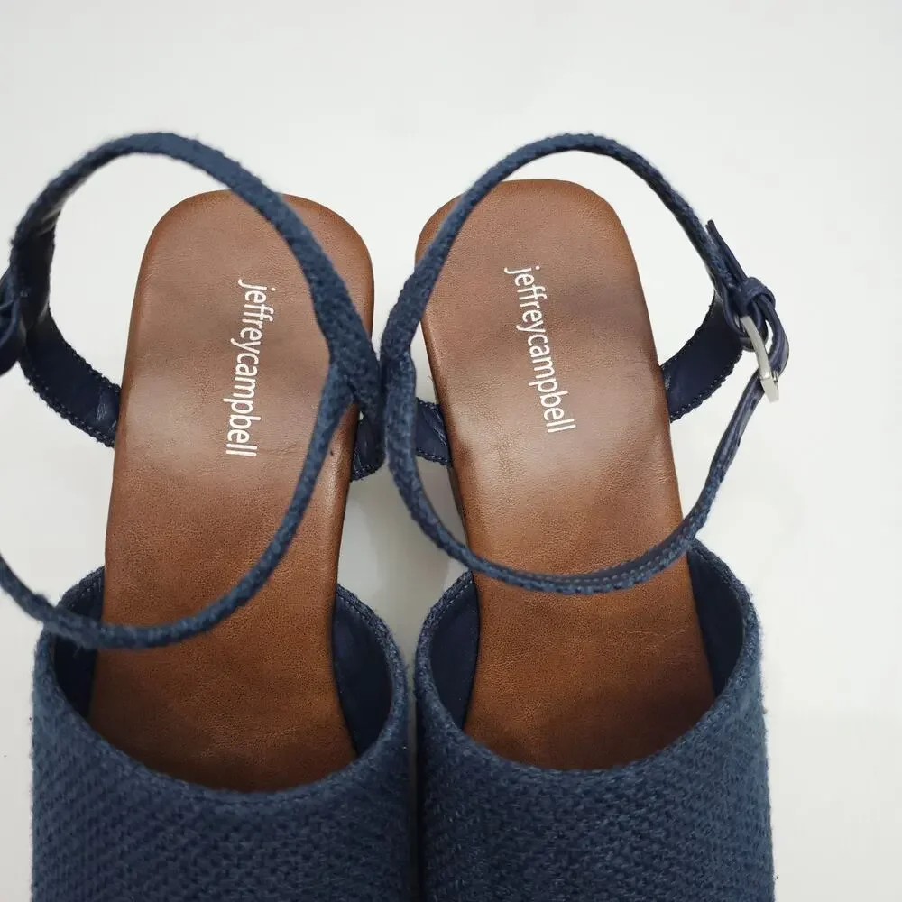 Jeffrey Campbell On Deck Platform Sandal Womens 10 Navy Blue Wood Wedge Heel